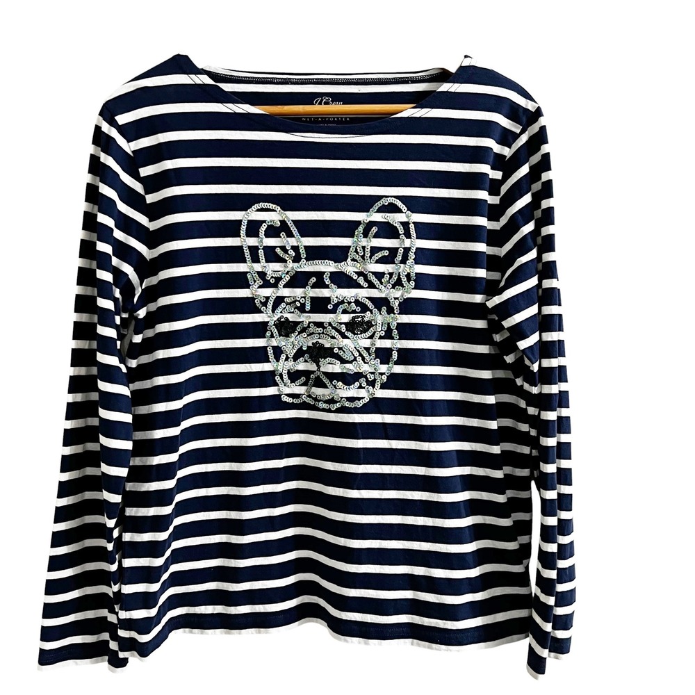 J.Crew Net-A-Porter Women Navy White Striped Sequin French Bulldog Tee M - Picture 1 of 8